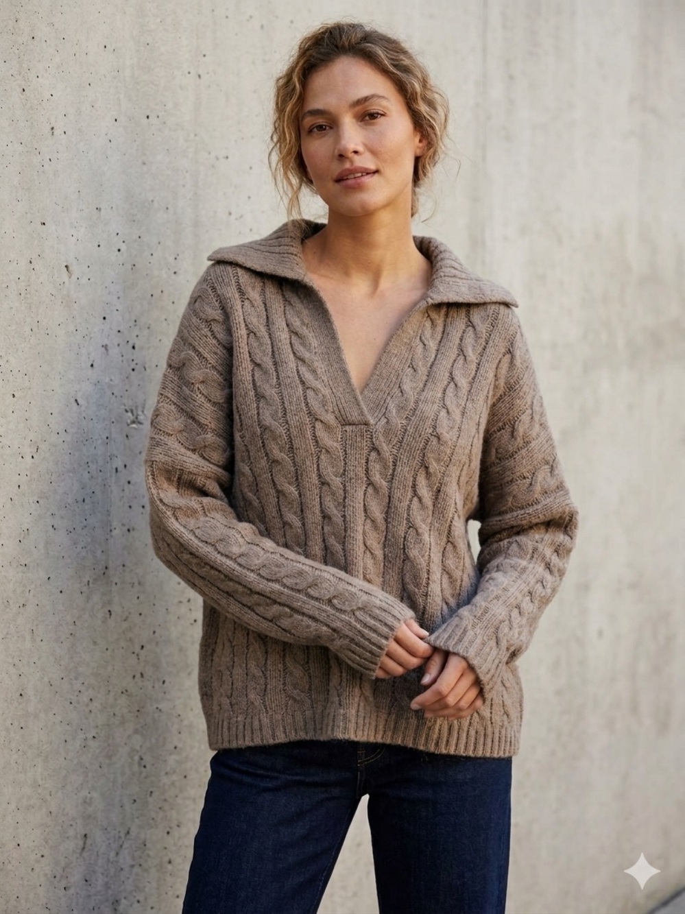 Abercrombie & Fitch Classic Cable Knit V- Neck Sweater- Taupe Size Large